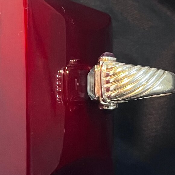 Vintage RING Sky Blue Topaz 4 ct 10mm Emerald Cut Gemstone and Amethyst Cabochon - Picture 8 of 9